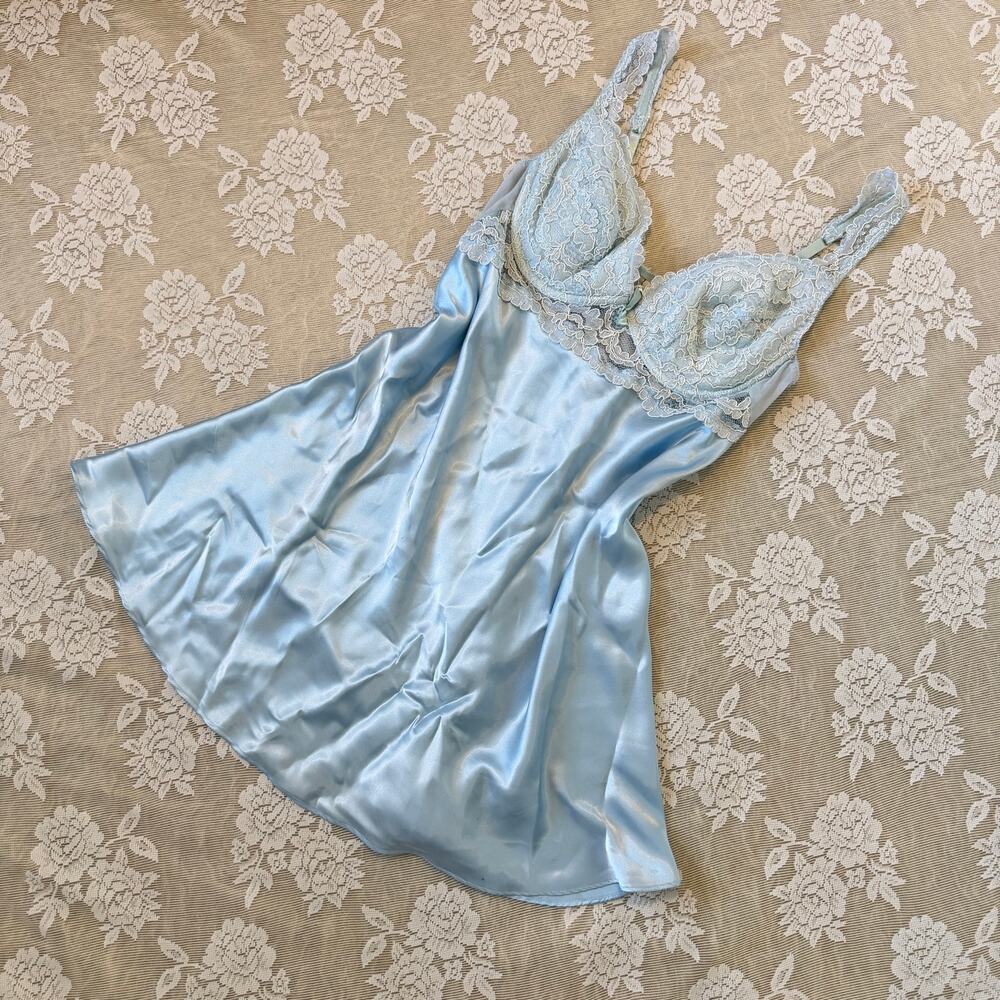 Vintage Victoria’s Secret Blue Satin Lace Slip Dress Size Large